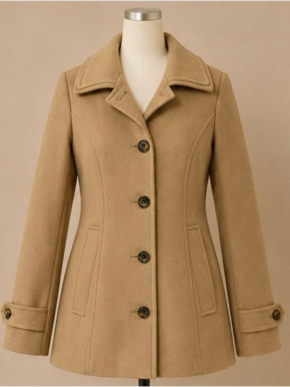 London Fog Women's Camel Pea Coat with Notch Collar